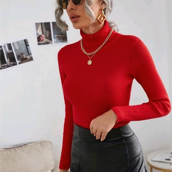 NEW Red Turtleneck Ribbed Knit Slim Fit Sweater - Picture 4 of 8